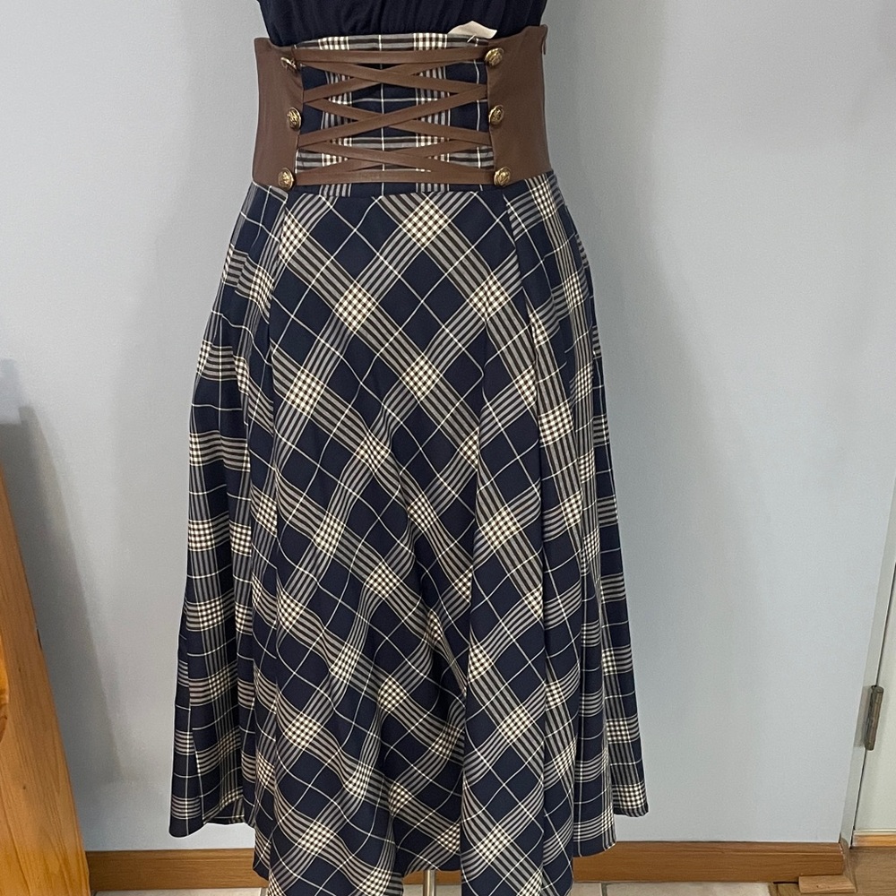 Elegant Navy Plaid A-Line Skirt with Brown Corset Detail